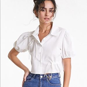 White Tie Detail Puff Sleeve Cropped Cotton Shirt